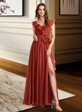 Thalia A-Line V-neck Floor-Length Bridesmaid Dress With Ruffle STKP0013221