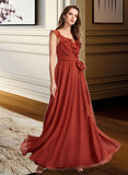 Thalia A-Line V-neck Floor-Length Bridesmaid Dress With Ruffle STKP0013221