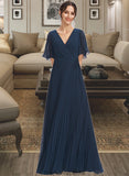 Dylan A-Line V-neck Floor-Length Bridesmaid Dress With Ruffle STKP0013223