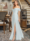 Ryleigh A-Line Off-the-Shoulder Floor-Length Chiffon Bridesmaid Dress With Beading Split Front Cascading Ruffles STKP0013226