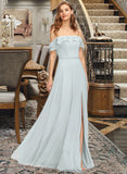 Ryleigh A-Line Off-the-Shoulder Floor-Length Chiffon Bridesmaid Dress With Beading Split Front Cascading Ruffles STKP0013226