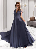 Angel A-Line V-neck Floor-Length Bridesmaid Dress With Ruffle STKP0013230