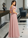 Sydnee A-Line V-neck Floor-Length Bridesmaid Dress With Ruffle Split Front STKP0013234