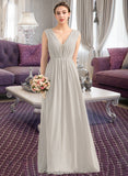 Macie A-Line V-neck Floor-Length Chiffon Lace Bridesmaid Dress With Ruffle STKP0013238