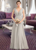 Macie A-Line V-neck Floor-Length Chiffon Lace Bridesmaid Dress With Ruffle STKP0013238