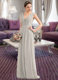 Macie A-Line V-neck Floor-Length Chiffon Lace Bridesmaid Dress With Ruffle STKP0013238