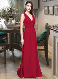 Ansley A-line V-Neck Floor-Length Chiffon Bridesmaid Dress With Ruffle STKP0013240