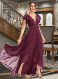 Yareli A-Line V-neck Asymmetrical Bridesmaid Dress With Lace Cascading Ruffles STKP0013243