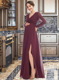 Rosalyn A-Line V-neck Floor-Length Bridesmaid Dress With Split Front STKP0013244