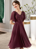 Chloe A-Line V-neck Knee-Length Chiffon Lace Bridesmaid Dress With Sequins STKP0013246