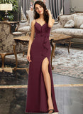 Yazmin Sheath/Column V-neck Floor-Length Bridesmaid Dress With Ruffle Split Front STKP0013247