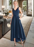 Frederica Ball-Gown/Princess V-neck Asymmetrical Satin Bridesmaid Dress With Pockets STKP0013251