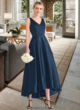 Frederica Ball-Gown/Princess V-neck Asymmetrical Satin Bridesmaid Dress With Pockets STKP0013251