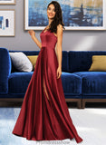 Kennedi A-LineV-neckFloor-LengthSatinBridesmaidDressWithPockets#251382 STKP0013256