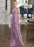 Vicky A-Line V-neck Floor-Length Chiffon Bridesmaid Dress With Cascading Ruffles STKP0013261