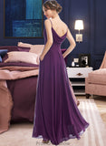 Karla A-Line V-neck Floor-Length Bridesmaid Dress With Pockets STKP0013263