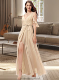 Diamond A-Line V-neck Floor-Length Chiffon Bridesmaid Dress With Ruffle Split Front STKP0013267