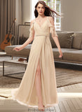 Diamond A-Line V-neck Floor-Length Chiffon Bridesmaid Dress With Ruffle Split Front STKP0013267