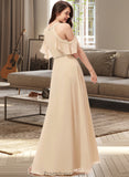 Diamond A-Line V-neck Floor-Length Chiffon Bridesmaid Dress With Ruffle Split Front STKP0013267