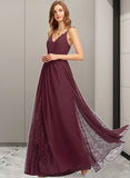 Emilee A-Line V-neck Floor-Length Chiffon Lace Bridesmaid Dress STKP0013268