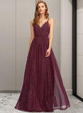 Emilee A-Line V-neck Floor-Length Chiffon Lace Bridesmaid Dress STKP0013268