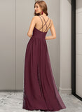 Emilee A-Line V-neck Floor-Length Chiffon Lace Bridesmaid Dress STKP0013268