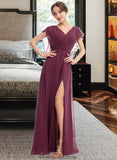 Pat A-Line V-neck Floor-Length Bridesmaid Dress With Ruffle Split Front STKP0013276