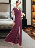 Pat A-Line V-neck Floor-Length Bridesmaid Dress With Ruffle Split Front STKP0013276