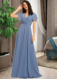 Karissa A-Line V-neck Floor-Length Bridesmaid Dress With Lace STKP0013278