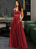 Giuliana A-Line V-neck Floor-Length Satin Bridesmaid Dress With Pockets STKP0013279