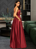 Giuliana A-Line V-neck Floor-Length Satin Bridesmaid Dress With Pockets STKP0013279