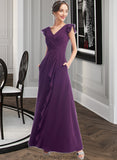 Destiney A-Line V-neck Floor-Length Bridesmaid Dress With Ruffle Pockets STKP0013285