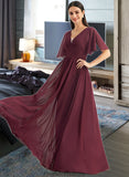 Laci A-Line V-neck Floor-Length Bridesmaid Dress With Ruffle STKP0013292