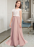 Logan A-Line Scoop Neck Floor-Length Chiffon Lace Junior Bridesmaid Dress With Bow(s) STKP0013305