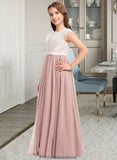 Logan A-Line Scoop Neck Floor-Length Chiffon Lace Junior Bridesmaid Dress With Bow(s) STKP0013305