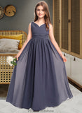 Laci A-Line V-neck Floor-Length Chiffon Junior Bridesmaid Dress With Ruffle STKP0013307