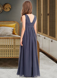 Laci A-Line V-neck Floor-Length Chiffon Junior Bridesmaid Dress With Ruffle STKP0013307