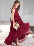 Rylie A-Line V-neck Asymmetrical Chiffon Junior Bridesmaid Dress With Bow(s) Cascading Ruffles STKP0013310