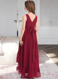 Rylie A-Line V-neck Asymmetrical Chiffon Junior Bridesmaid Dress With Bow(s) Cascading Ruffles STKP0013310