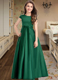 Janessa Ball-Gown/Princess Scoop Neck Floor-Length Satin Lace Junior Bridesmaid Dress With Bow(s) Pockets STKP0013311