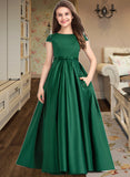 Janessa Ball-Gown/Princess Scoop Neck Floor-Length Satin Lace Junior Bridesmaid Dress With Bow(s) Pockets STKP0013311