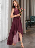 Savannah A-Line Scoop Neck Asymmetrical Chiffon Lace Junior Bridesmaid Dress With Bow(s) STKP0013312