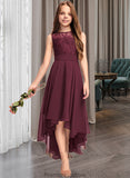 Savannah A-Line Scoop Neck Asymmetrical Chiffon Lace Junior Bridesmaid Dress With Bow(s) STKP0013312