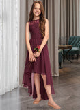 Savannah A-Line Scoop Neck Asymmetrical Chiffon Lace Junior Bridesmaid Dress With Bow(s) STKP0013312