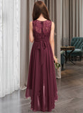 Savannah A-Line Scoop Neck Asymmetrical Chiffon Lace Junior Bridesmaid Dress With Bow(s) STKP0013312