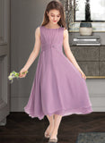 Alivia A-Line Scoop Neck Tea-Length Chiffon Junior Bridesmaid Dress With Ruffle STKP0013317