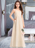 Tanya A-Line V-neck Floor-Length Satin Junior Bridesmaid Dress With Pockets STKP0013319