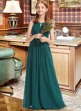 Magdalena A-Line Scoop Neck Floor-Length Chiffon Junior Bridesmaid Dress With Ruffle STKP0013320