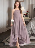 Theresa A-Line Scoop Neck Asymmetrical Chiffon Junior Bridesmaid Dress With Ruffle Bow(s) STKP0013326