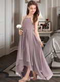 Theresa A-Line Scoop Neck Asymmetrical Chiffon Junior Bridesmaid Dress With Ruffle Bow(s) STKP0013326